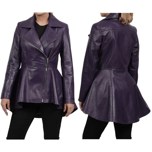 Real 100% Genuine Leather Peplum Long Sleeves Asymmetric Jacket M Purple - Picture 4 of 16